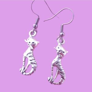 Kitty Cat Brushed Antique Silver-tone Dangling Stainless Steel Hook Earrings